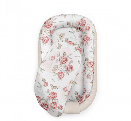 Baby nests - Suport de dormit Babynest Premium Bumbac si Catifea Peony Dreamland Ecri, 70x35 cm