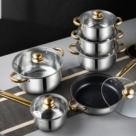 Bucatarie - Set oale 12 piese inox, cu capace de sticla termorezistenta