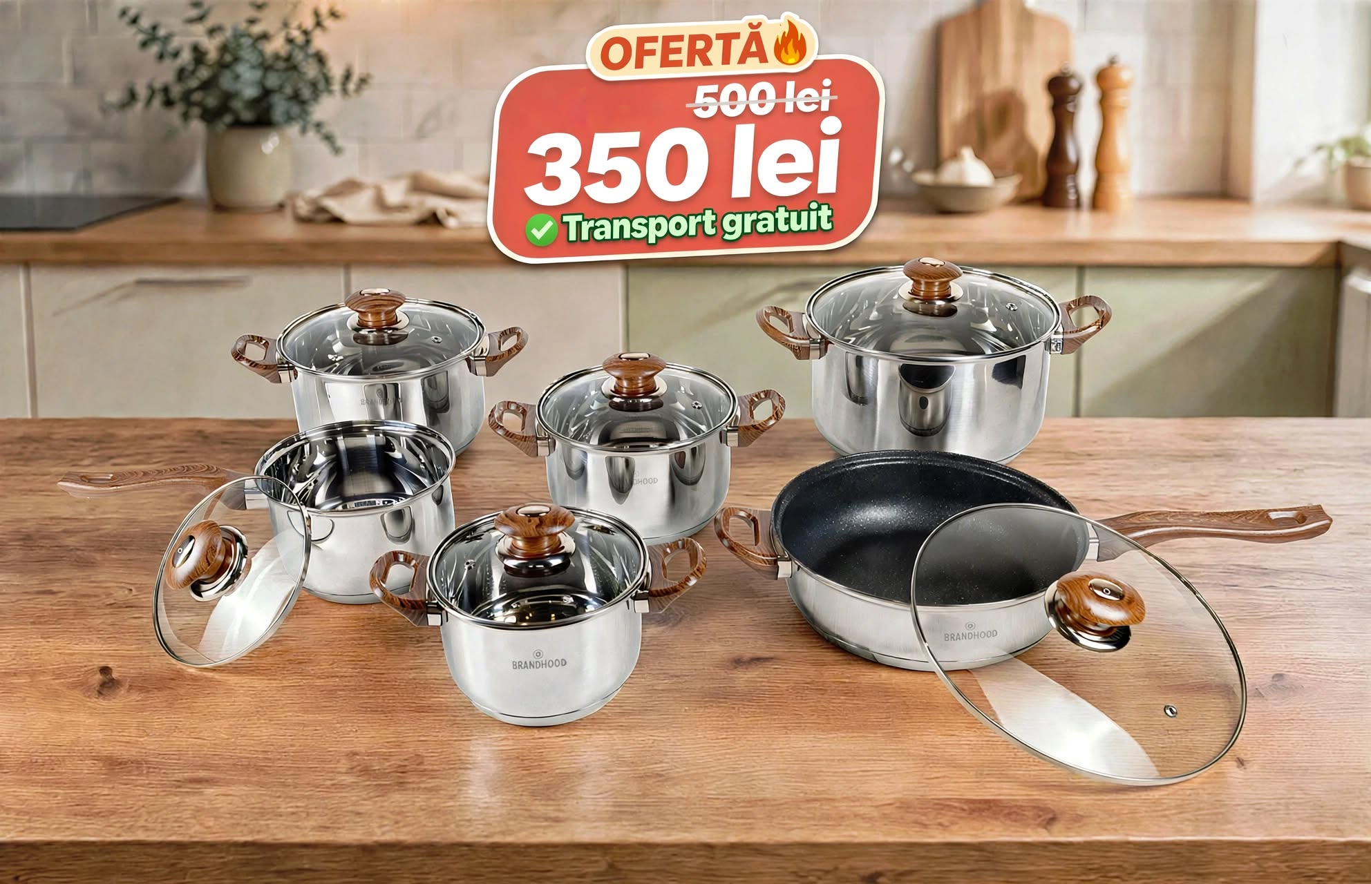 Bucatarie - Set oale Blaumann 12 piese inox, fund 5 straturi, capace sticla termorezistenta
