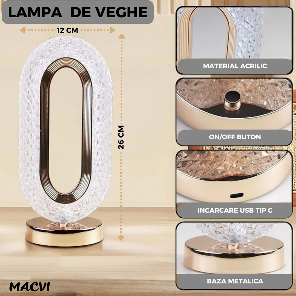 Veioza ambientala cristal, 3 moduri iluminare cald/rece/neutru, intensitate reglabila tactil [1]