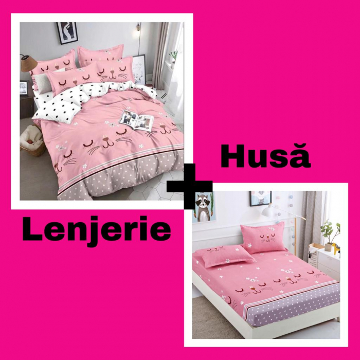 Set Lenjerie + Husa pat, Roz cu Pisicute [1]