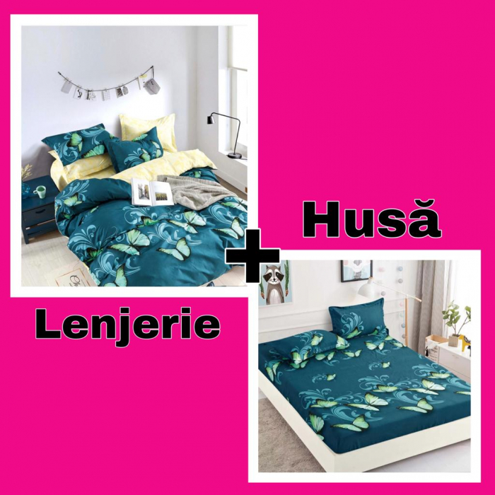 Set Lenjerie + Husa pat, Verde cu Fluturi [1]