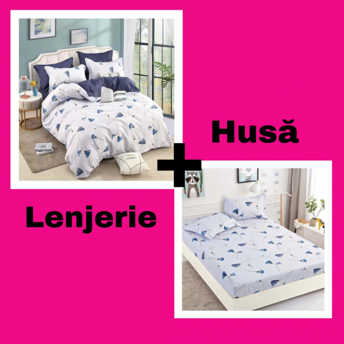 Set Lenjerie+Husa Pat, Din Finet, Bleu cu Flori [1]