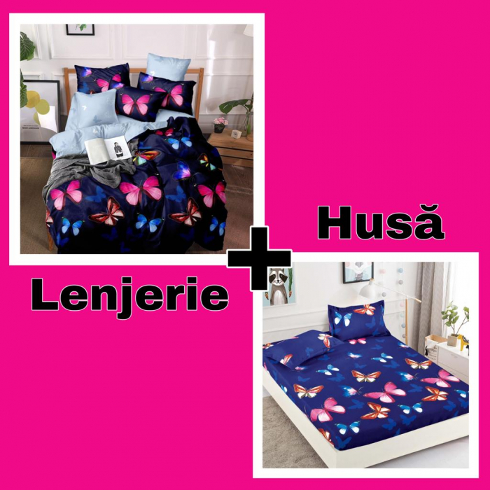 Set Lenjerie + Husa pat, cu Fluturi Colorati [1]