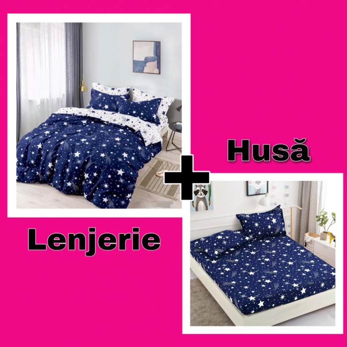 Set Lenjerie + Husa pat, Bleumarin cu Stele [1]