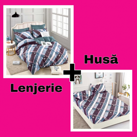 Set Lenjerie + Husa pat, cu Dungi Grena/Albastre [0]