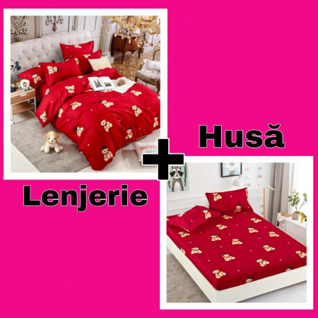 Set Lenjerie + Husa pat, Rosie cu Ursuleti [0]