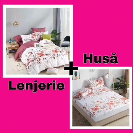 Set Lenjerie + Husa pat,  Alba cu Floricele