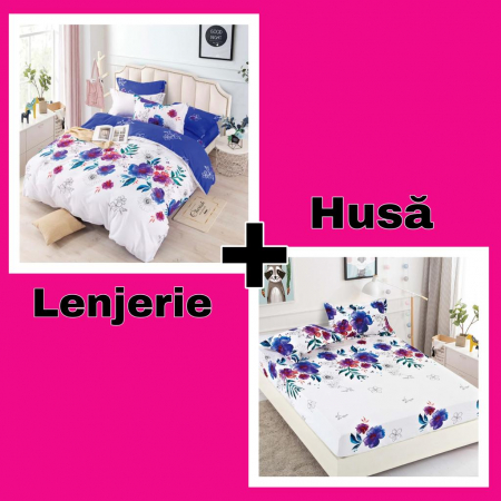 Set Lenjerie + Husa pat, Alba cu Flori [0]