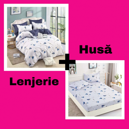 Set Lenjerie+Husa Pat, Din Finet, Bleu cu Flori [0]