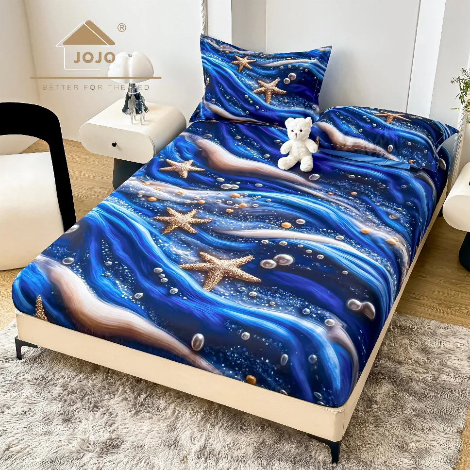 Husa de pat cu Elastic 5D,160x200 cm, albastru cu stele marine și bule-E29 [1]