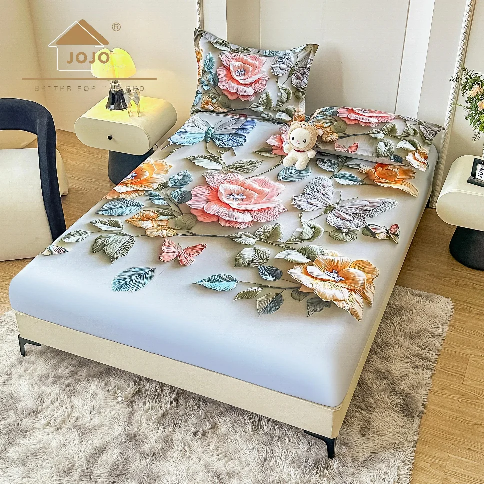 Husa de pat cu Elastic 5D,160x200 cm, albastru deschis cu flori vibrante și fluturi-E3 [1]