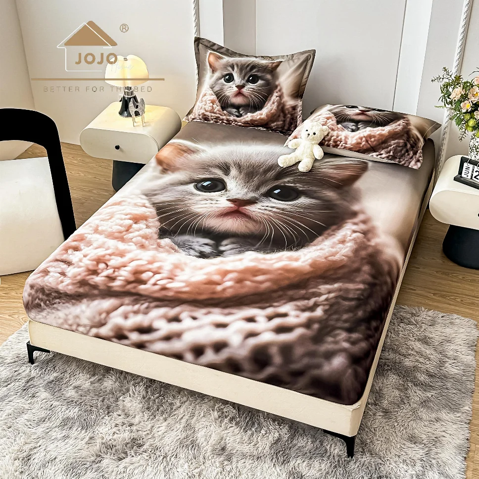 Husa de pat cu Elastic 5D,160x200 cm, cu pisicuțe adorabile gri-E31 [1]