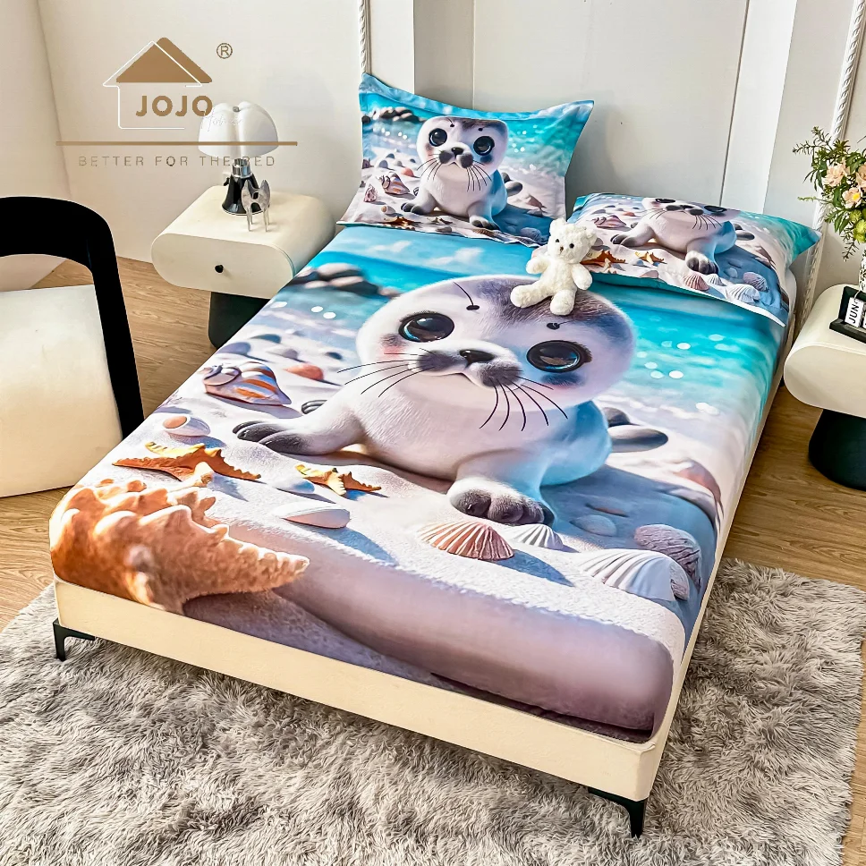 Husa de pat cu Elastic 5D,160x200 cm, focă simpatică pe nisip și scoici-E30 [1]