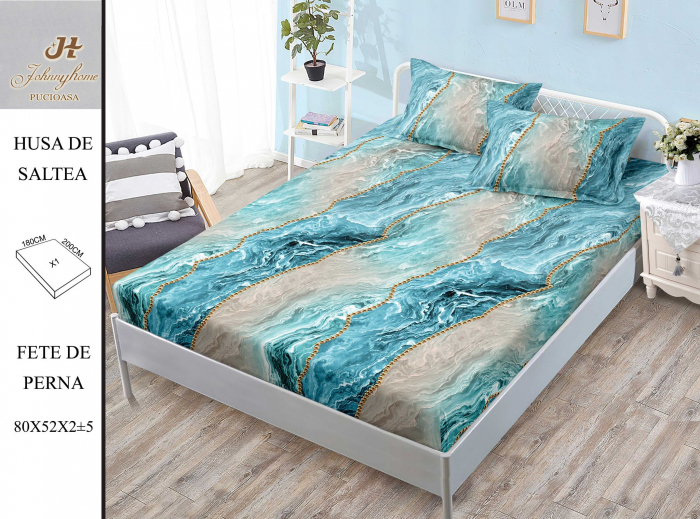 Husa de pat din Finet cu elastic+ 2 fete  de perna 180x200 ,Albastr Marmorat -HG252 [1]