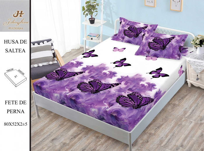 Husa de pat din Finet cu elastic+ 2 fete  de perna 180x200 ,Mov Fluturi -HG253 [1]