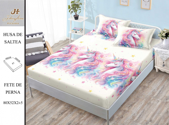 Husa de pat din Finet cu elastic+ 2 fete  de perna 180x200, Unicorni -HG250 [1]