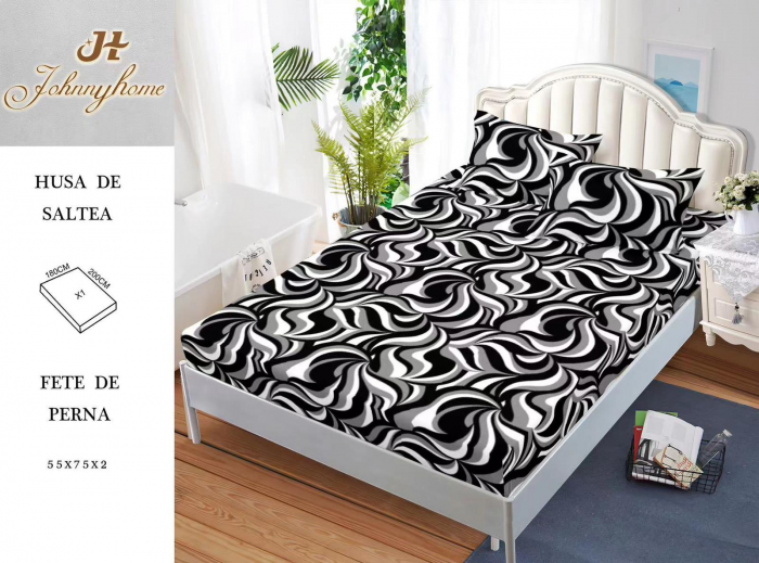 Husa de pat din Finet cu elastic+ 2 fete  de perna 180x200 ,Alb Negru -HG234 [1]