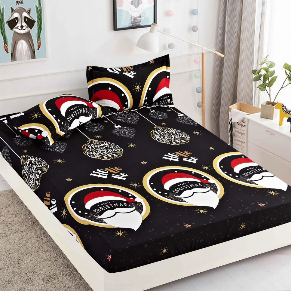 Husa de pat din Finet cu elastic, negru cu Moș Crăciun și globuri aurii-HMJ12 [1]
