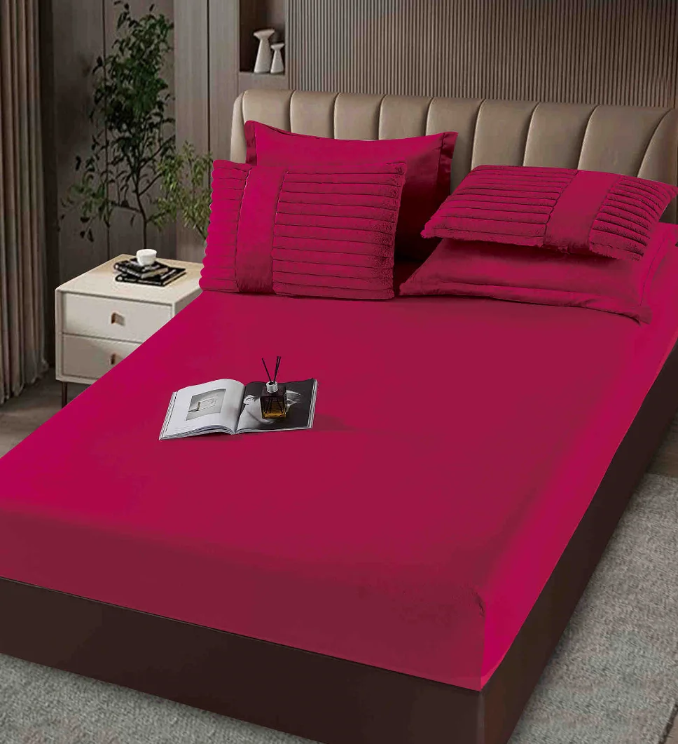 Lenjerie cu Pilota din Blanita artificiala de iepure si cearceaf cu elastic ,6 piese, roz intens texturat, catifelat-PBJ14 [3]