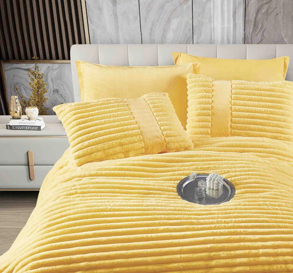 Lenjerie cu Pilota din Blanita artificiala de iepure si cearceaf cu elastic ,6 piese, textura striată, galben vibrant-PBJ13 [2]