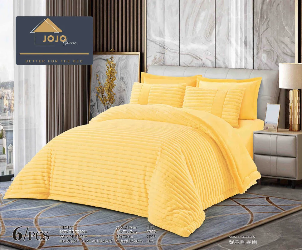 Lenjerie cu Pilota din Blanita artificiala de iepure si cearceaf cu elastic ,6 piese, textura striată, galben vibrant-PBJ13 [1]