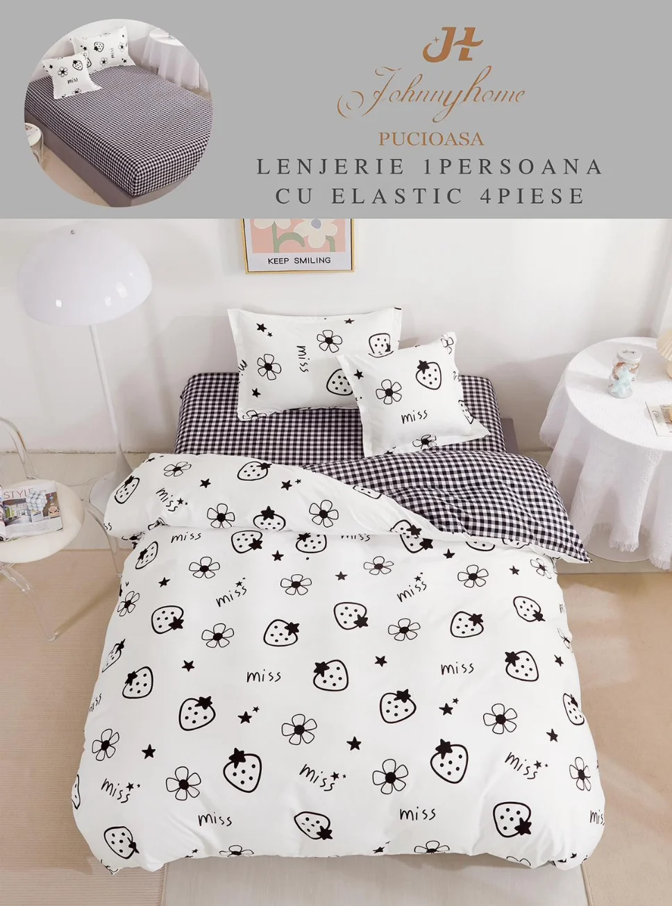 Lenjerie de pat 1 Persoana, albă cu fructe și flori-YE150 [1]
