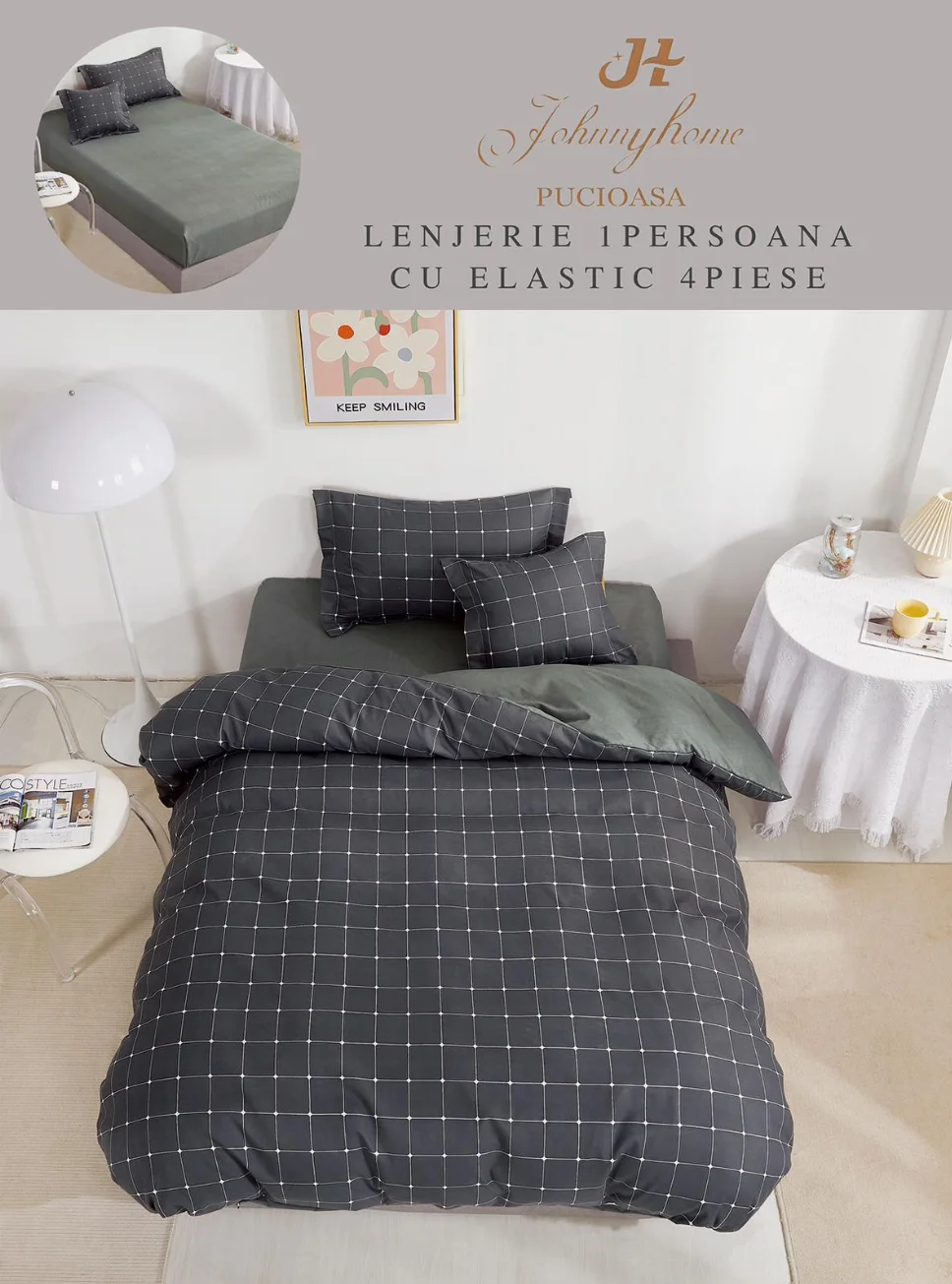 Lenjerie de pat 1 Persoana, gri cu pătrate albe-YE148 [1]