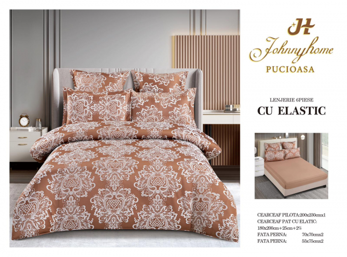 Lenjerie de pat,6 Piese,cu Elastic Jacquard,Maro-JP9 [1]