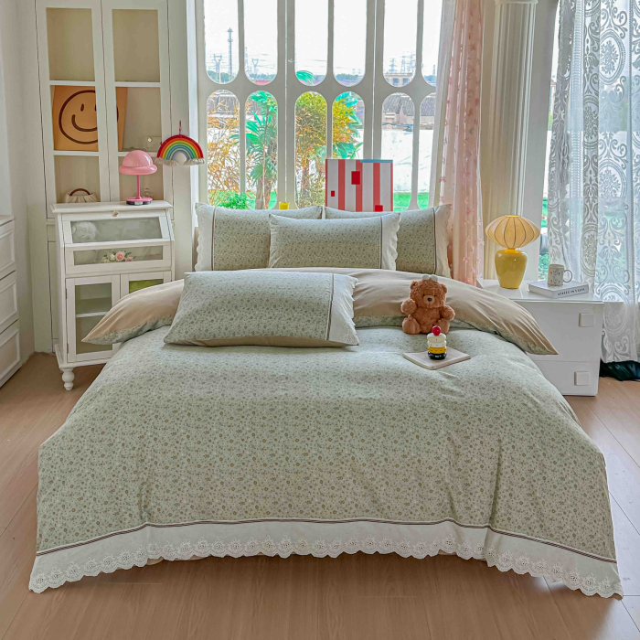 Lenjerie de pat bumbac 100% cu Elastic si broderie,4 piese crem cu floricele mici in tonuri pastel-BJ8 [5]