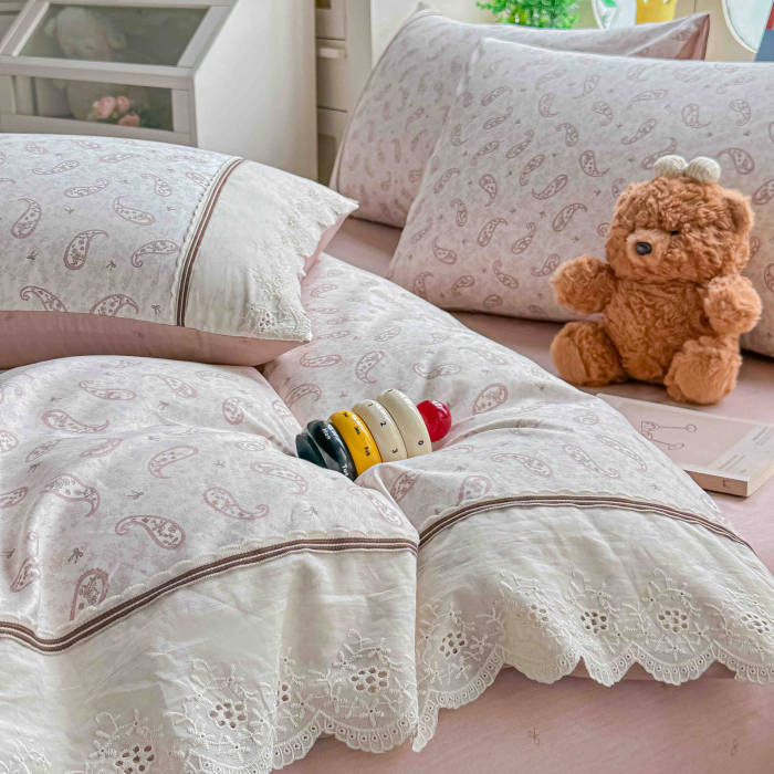 Lenjerie de pat bumbac 100% cu Elastic si broderie,4 piese Crem cu paisley roz, detalii dantela-BJ2 [3]