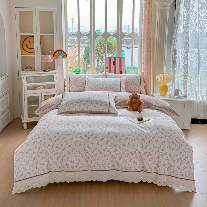 Lenjerie de pat bumbac 100% cu Elastic si broderie,4 piese Crem cu paisley roz, detalii dantela-BJ2 [5]
