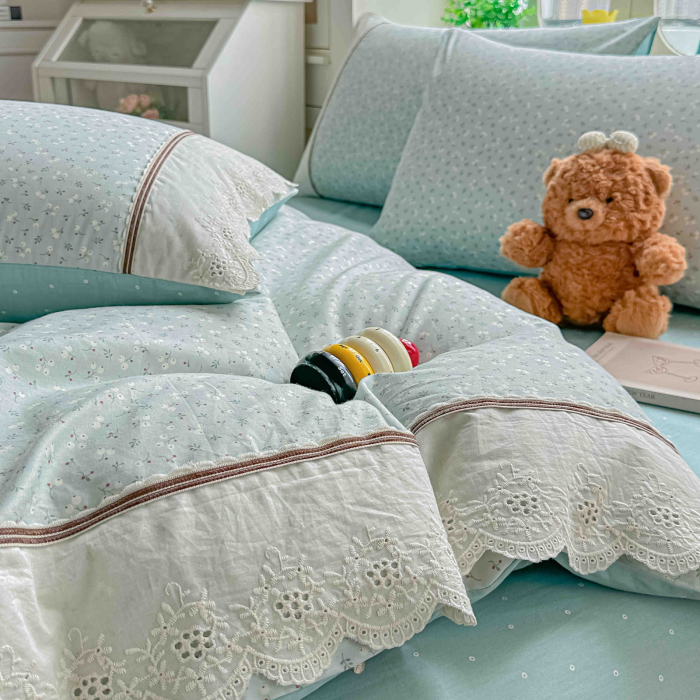 Lenjerie de pat bumbac 100% cu Elastic si broderie,4 piese gri cu frunze în stil baroc, detalii crem-BJ6 [3]