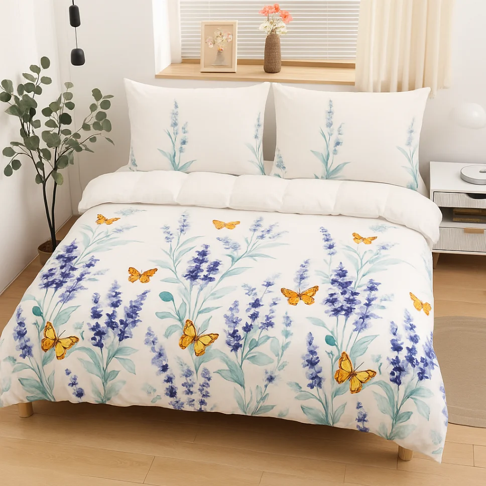Lenjerie de pat Cocolino 4 piese, alb cu lavandă și fluturi galbeni-LN36 [1]