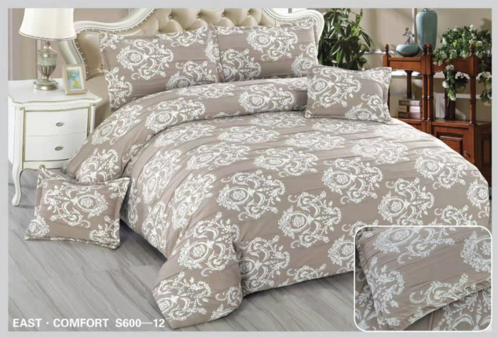 Lenjerie de pat Creponata,Pat dublu,cu Elastic,Bej cu floricele albe-S612 [1]