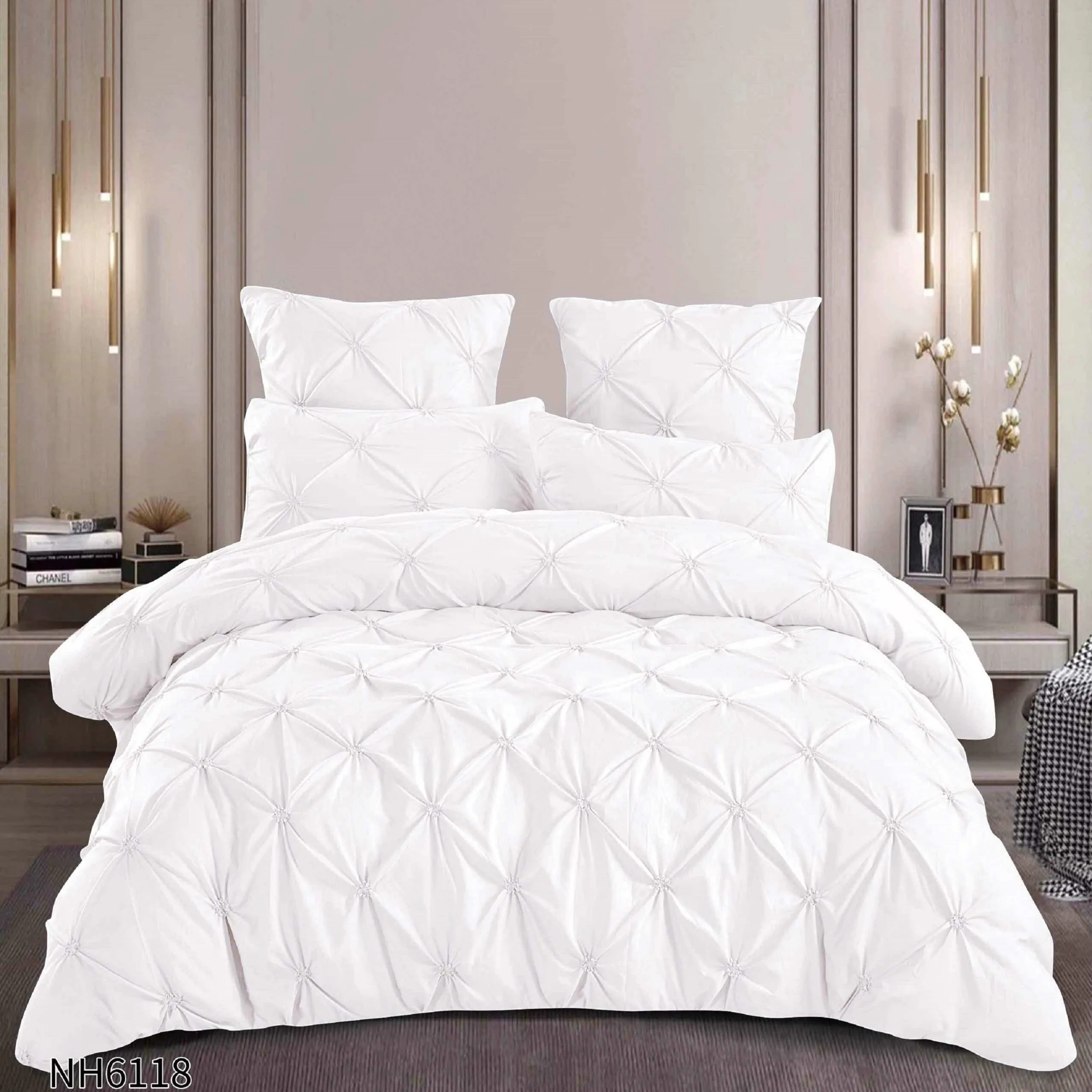 Lenjerie de pat cu Pliuri Elegante din finet,cearceaf cu ELASTIC,Alb-NH6118 [1]