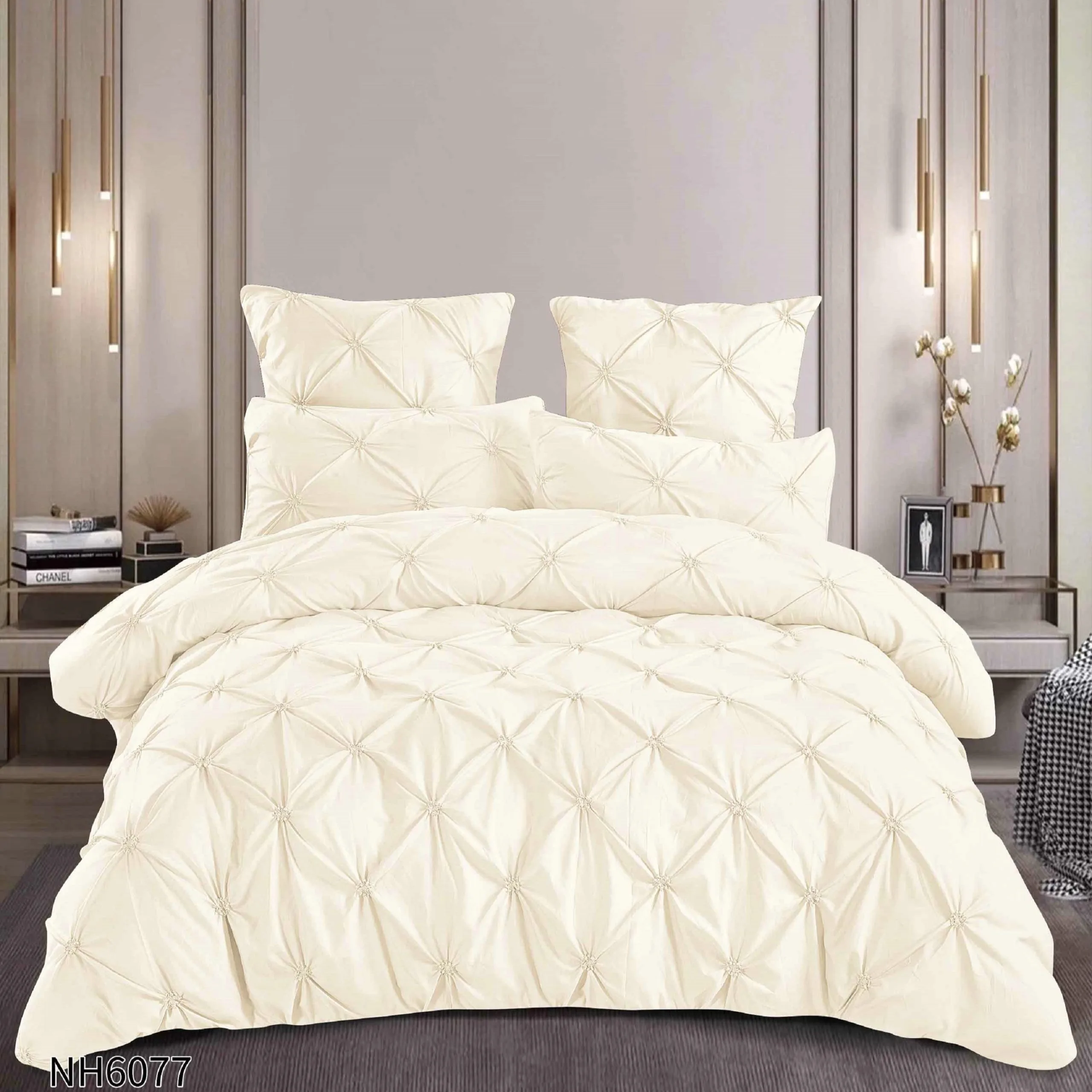 Lenjerie de pat cu Pliuri Elegante din finet,cearceaf cu ELASTIC,Crem -NH6077 [1]