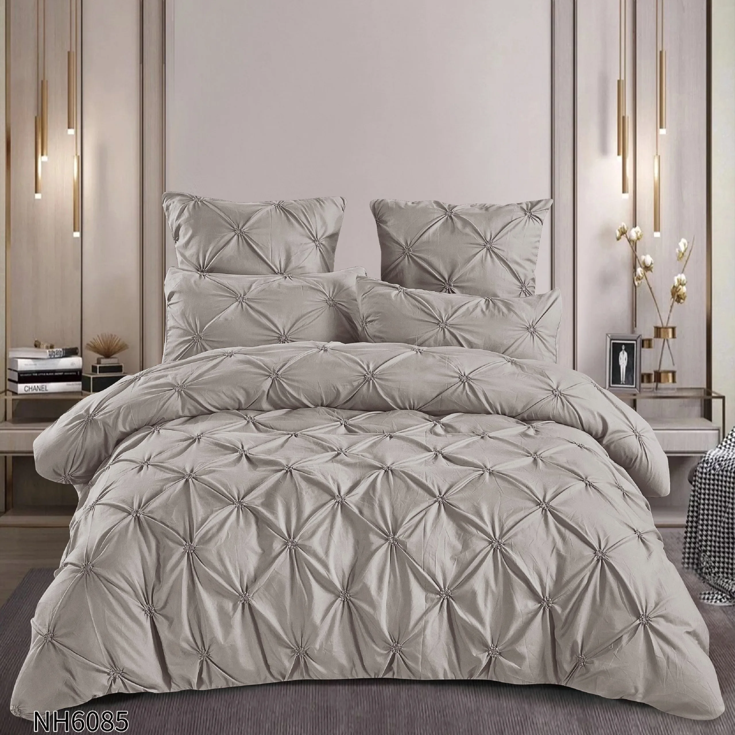 Lenjerie de pat cu Pliuri Elegante din finet,cearceaf cu ELASTIC,Gri Deschis -NH6085 [1]