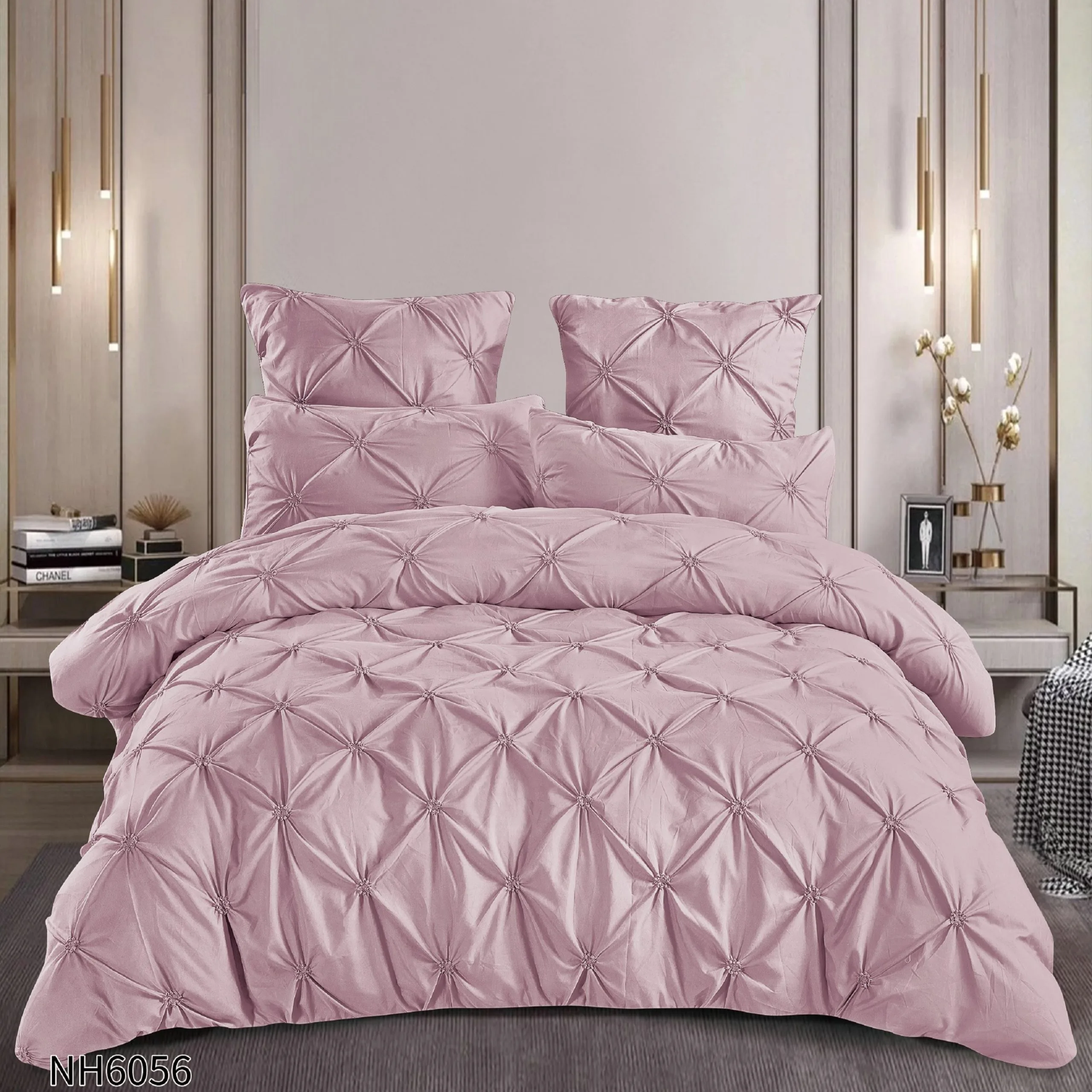 Lenjerie de pat cu Pliuri Elegante din finet,cearceaf cu ELASTIC,Lila-NH6056 [1]