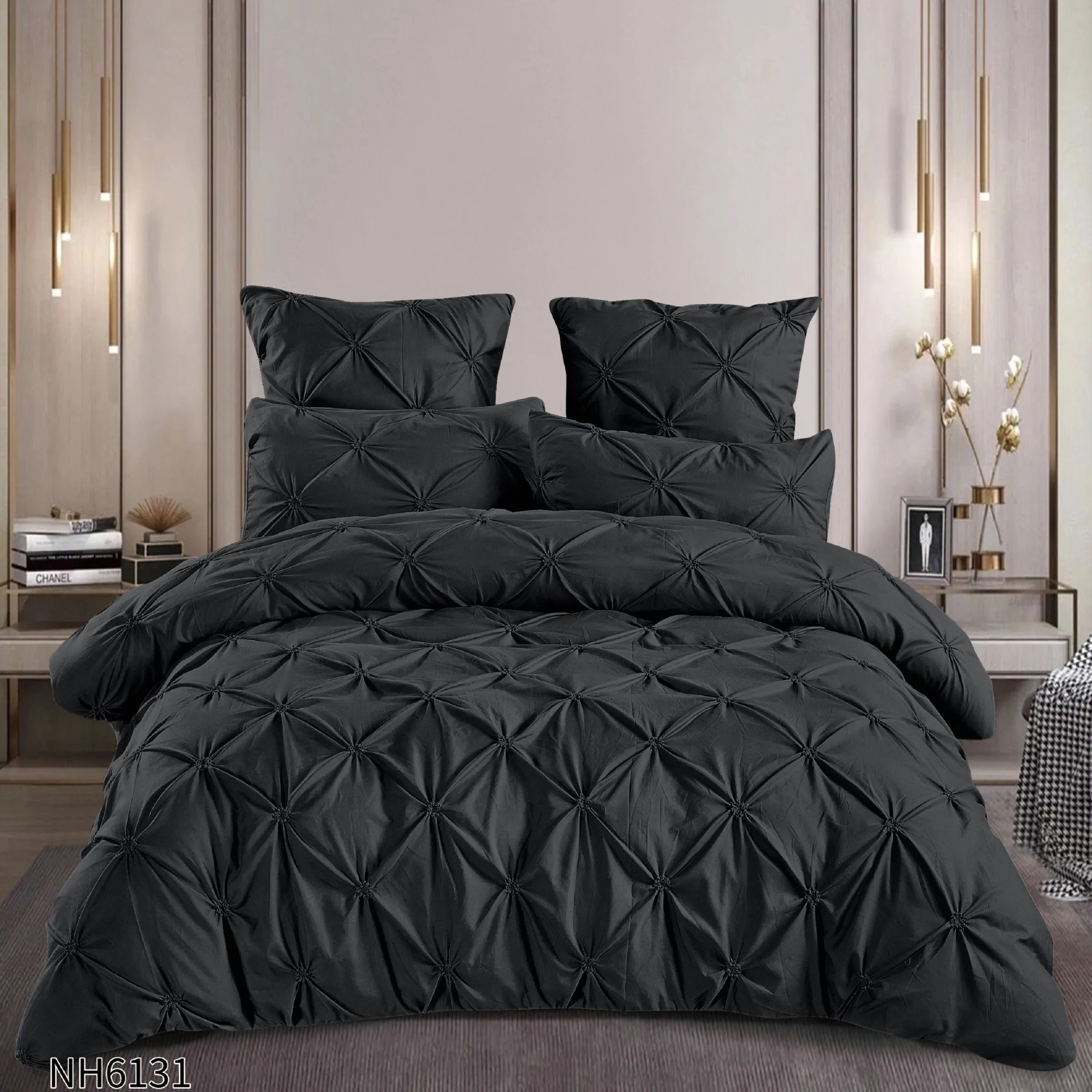 Lenjerie de pat cu Pliuri Elegante din finet,cearceaf cu ELASTIC,Negru-NH6131 [1]