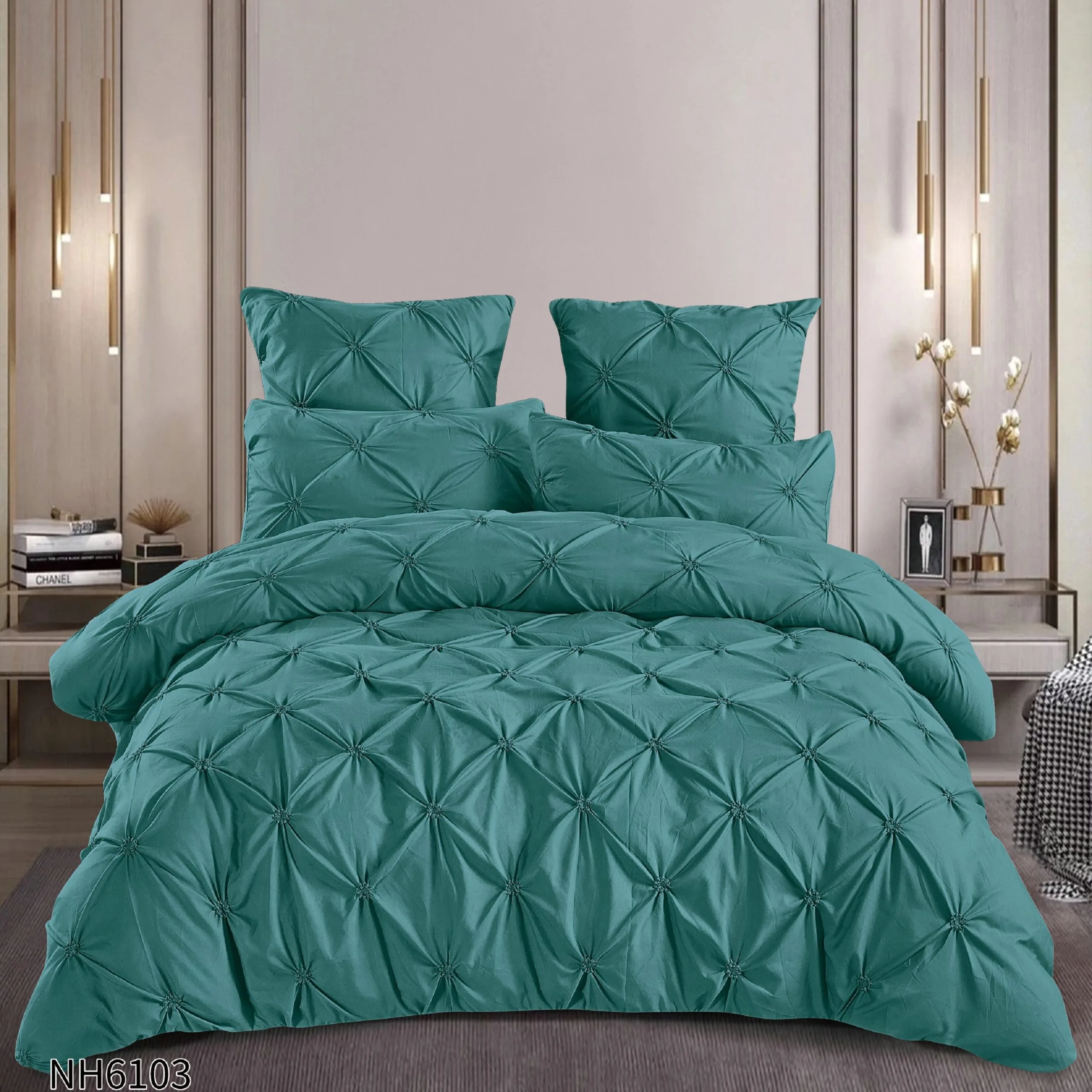 Lenjerie de pat cu Pliuri Elegante din finet,cearceaf cu ELASTIC,Turcoaz -NH6103 [1]
