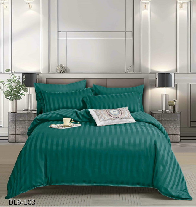Lenjerie de pat Damasc cu Elastic, Pat 2 Persoane, 6 Piese,Verde Smarald-QR14 [1]
