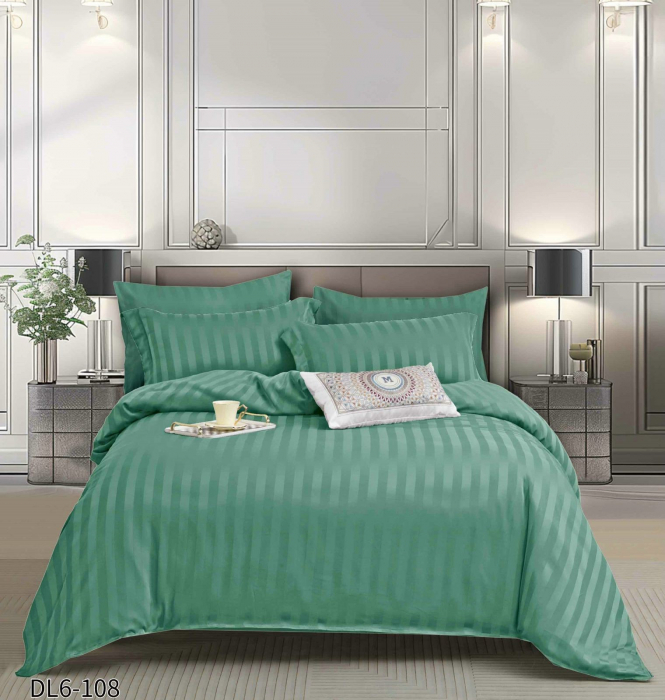 Lenjerie de pat Damasc cu Elastic, Pat 2 Persoane, 6 Piese,Verde-QR12 [1]