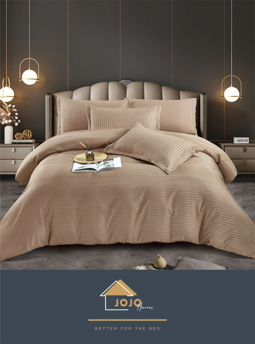 Lenjerie de pat Damasc cu Elastic, Pat 2 Persoane, 6 Piese,Crem inchis-DJ09 [3]