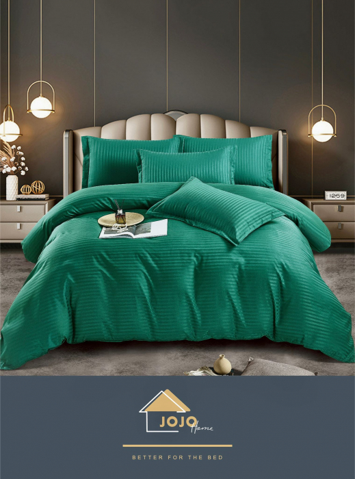 Lenjerie de pat Damasc cu Elastic, Pat 2 Persoane, 6 Piese,Verde smarald-DJ11 [3]