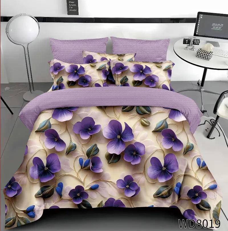 Lenjerie de pat din finet,5D,cu elastic Pat dublu,4 piese,Lila,Anemone-WD8019 [1]