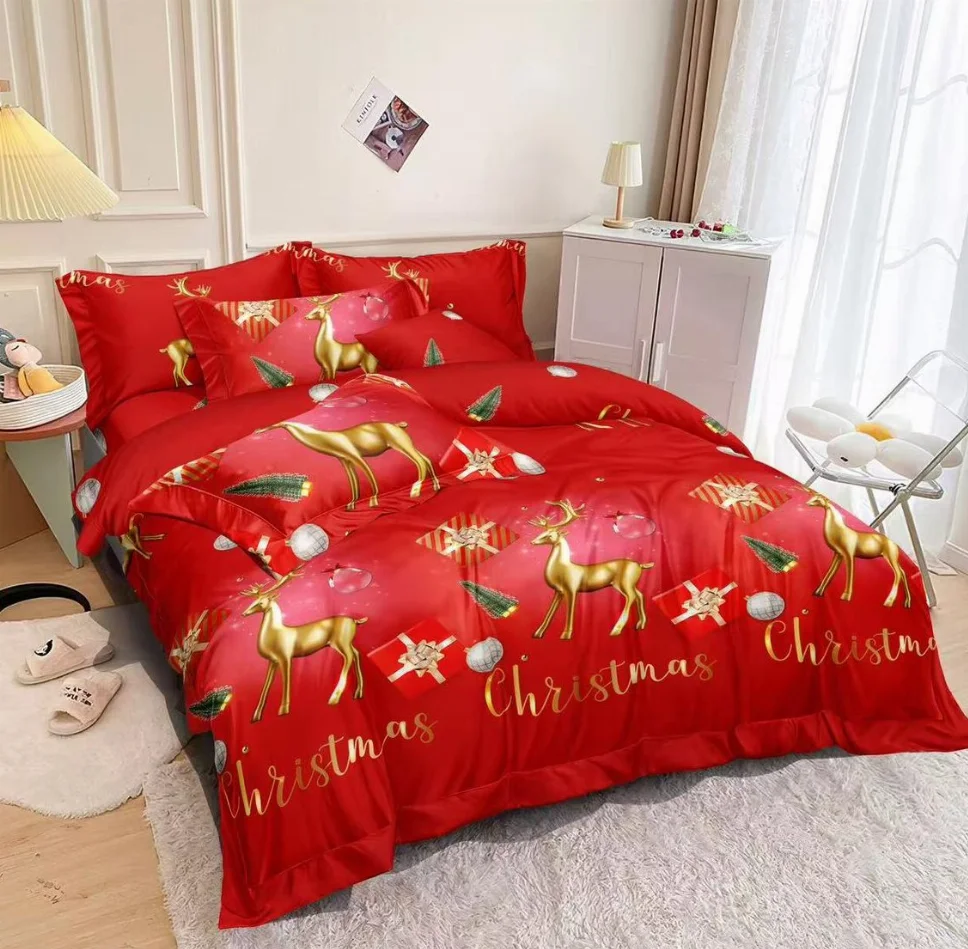 Lenjerie de pat din finet 6 piese, roșu cu căprioare aurii și crăciunele-EX10 [1]