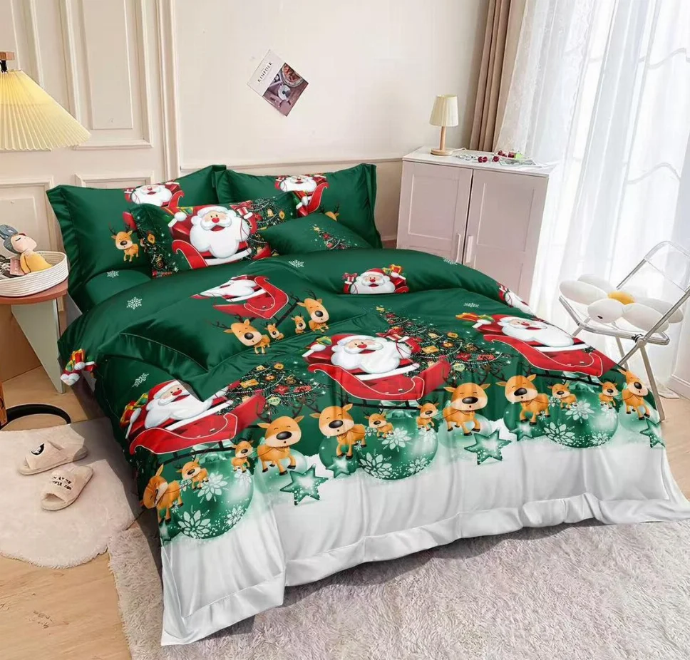 Lenjerie de pat din finet 6 piese, verde cu Moș Crăciun și reni-EX18 [1]