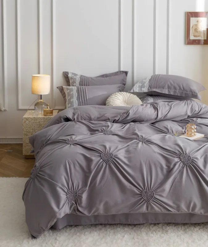 Lenjerie de pat din finet, cu pliuri si inimioare brodate,Gri-BR12 [7]