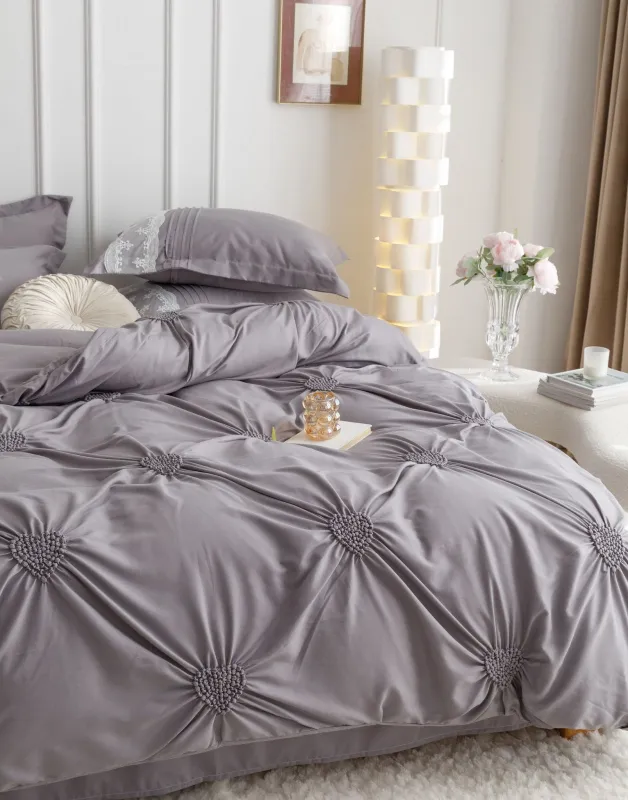 Lenjerie de pat din finet, cu pliuri si inimioare brodate,Gri-BR12 [6]